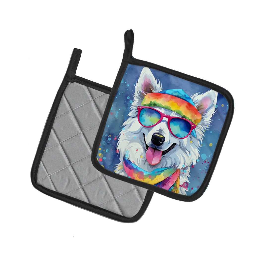 American Eskimo Hippie Dawg Pot Holder Set of 2 Heat Resistant Quilted Hot Pads 7.5 x 7.5 Inch, Insulated Kitchen Trivets for Cooking & Baking