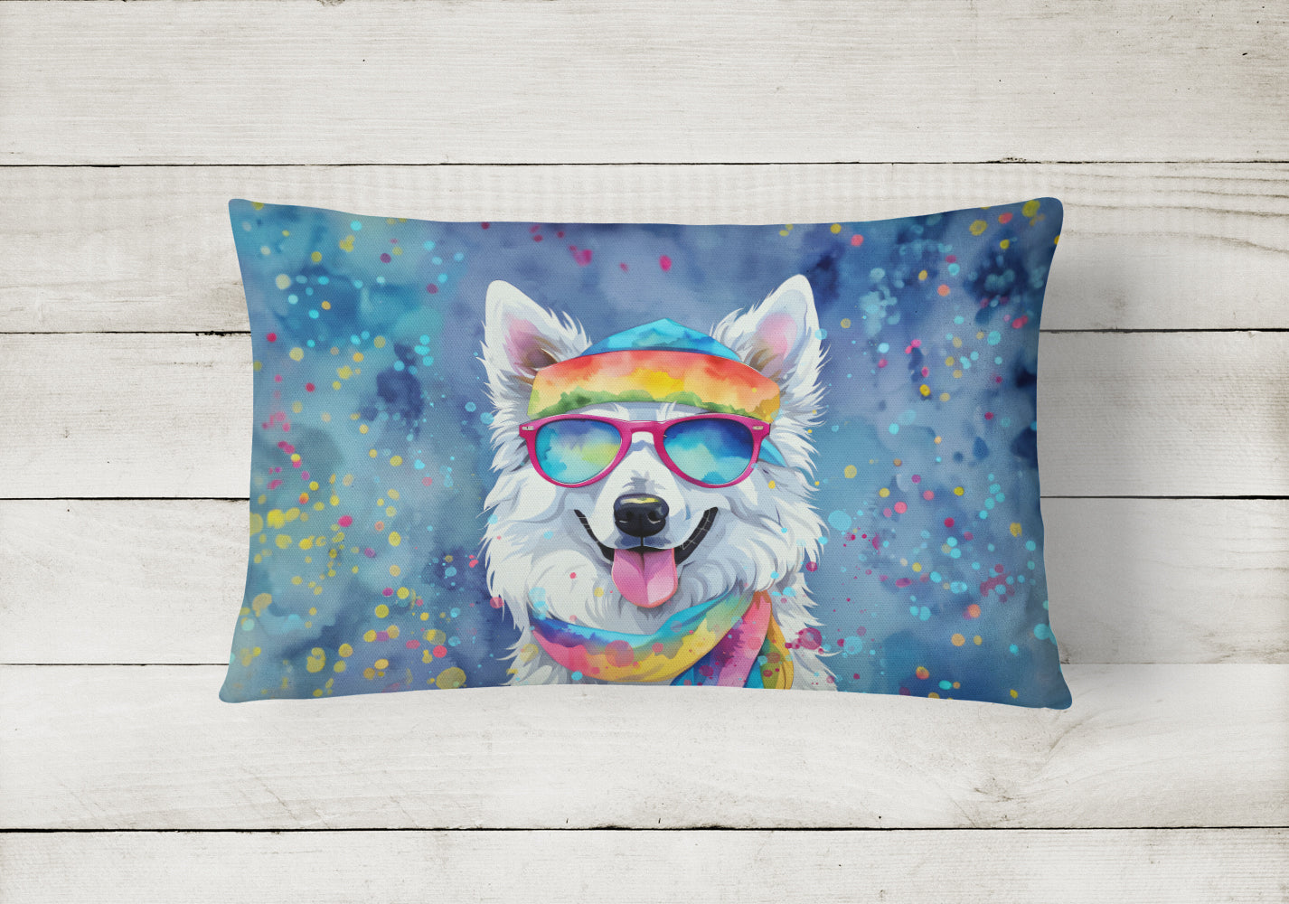 American Eskimo Hippie Dawg Decorative Throw Pillow 12x16 Indoor Outdoor Accent Cushion, Fabric Cover with Insert for Sofa, Bed, Porch & Living Room
