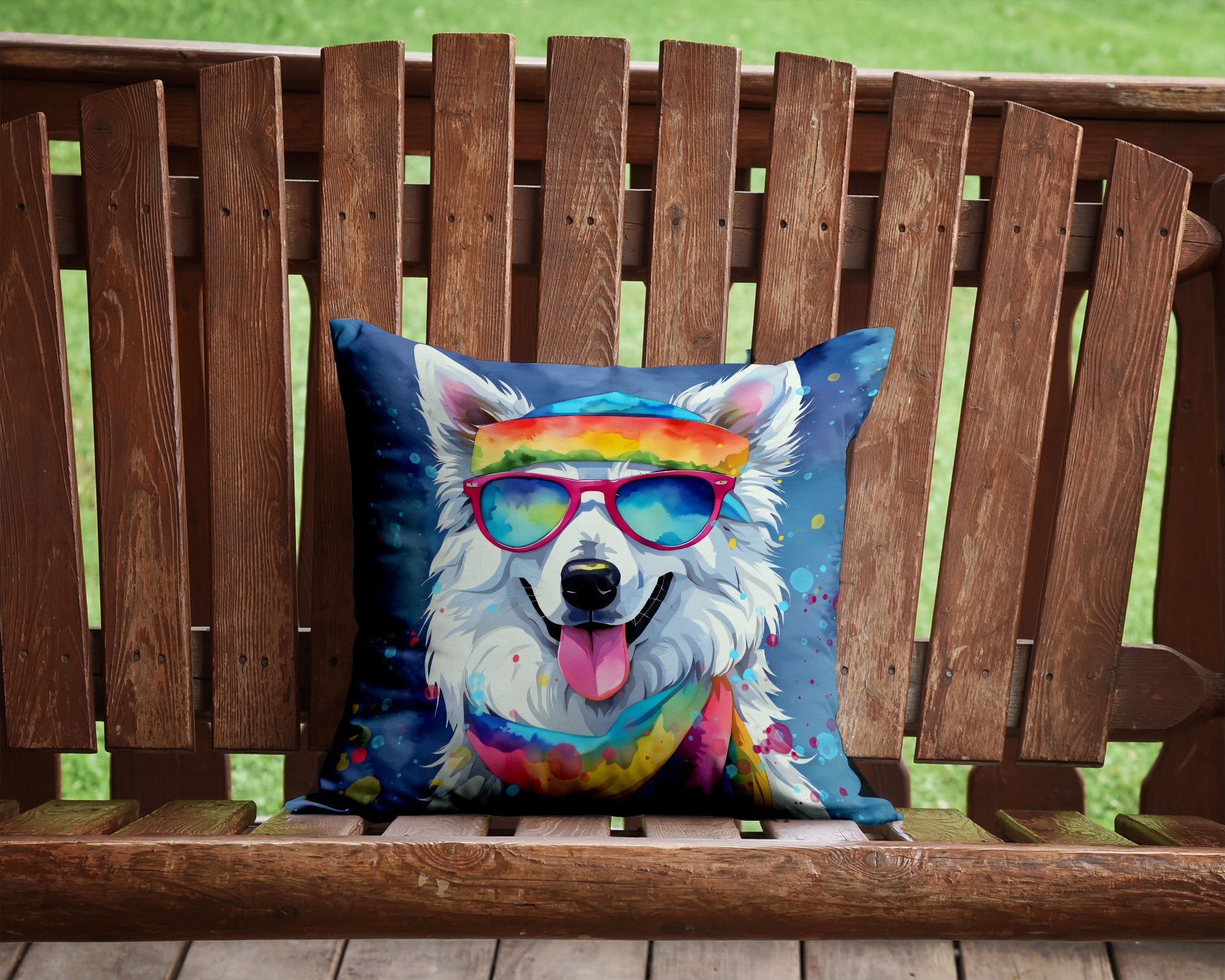 American Eskimo Hippie Dawg Decorative Throw Pillow 14x14 Indoor Outdoor Accent Cushion, Fabric Cover with Insert for Sofa, Bed, Porch & Living Room