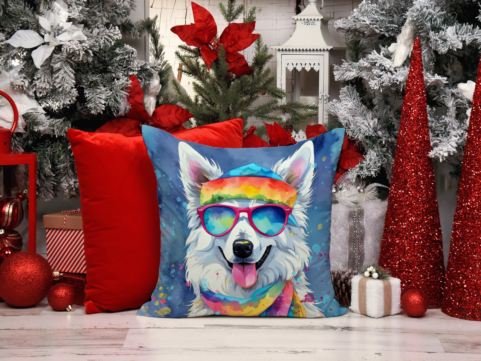 American Eskimo Hippie Dawg Decorative Throw Pillow 18x18 Indoor Outdoor Accent Cushion, Fabric Cover with Insert for Sofa, Bed, Porch & Living Room