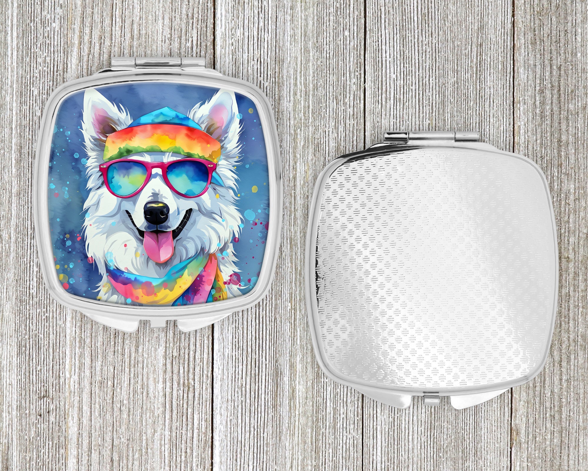 American Eskimo Hippie Dawg Compact Mirror Decorative Travel Makeup Mirror for Women Girls Gifts Pocket Makeup Mirror Folding Handheld