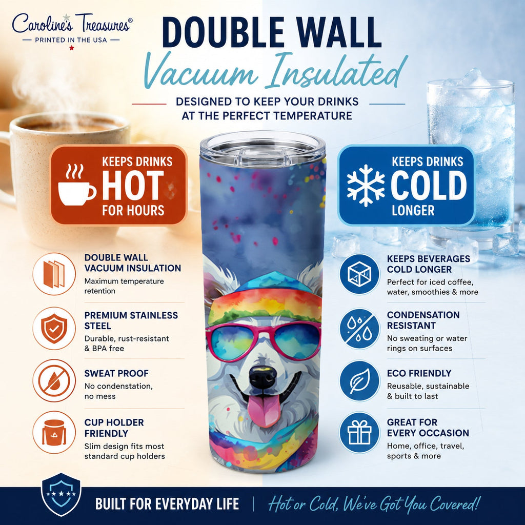 American Eskimo Hippie Dawg Stainless Steel Skinny Tumbler 20 oz Vacuum Double Walled Reusable Insulated Travel Cup