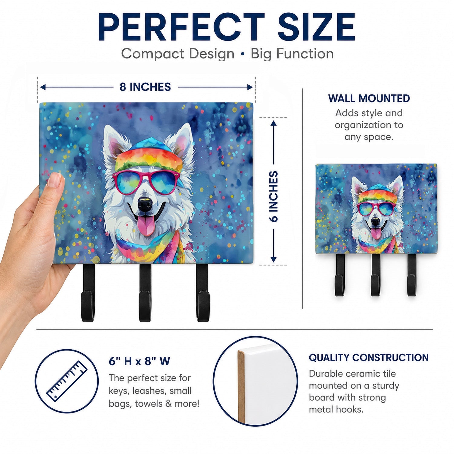 American Eskimo Hippie Dawg Leash or Key Holder Wall Hooks, Coat Rack Wall Mount, for Hanging Keys, Towels, Aprons, Leashes