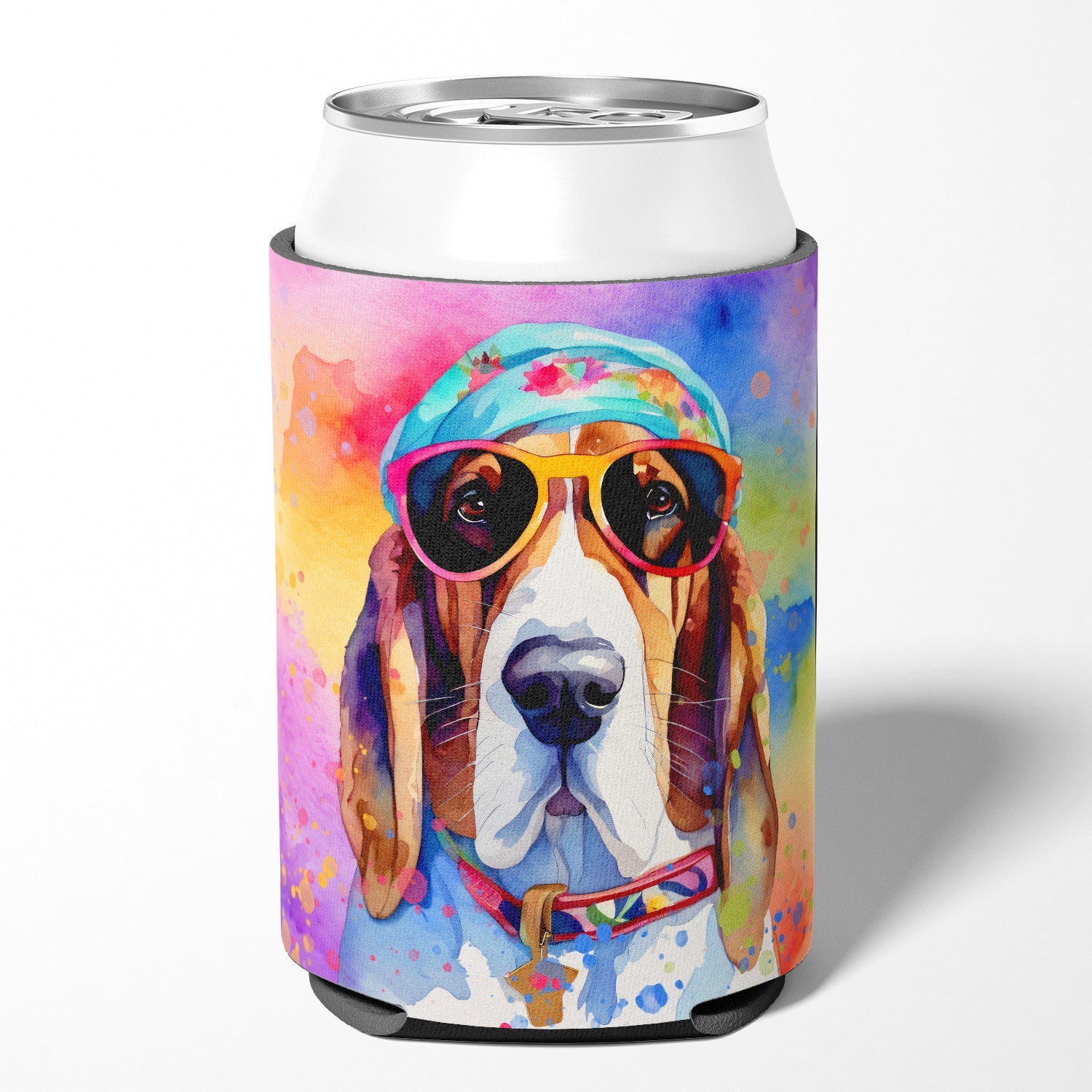 Basset Hound Hippie Dawg Can or Bottle Hugger Cooler Sleeve for Standard 12 oz Cans, Insulated Foam Beer & Soda Can Hugger Reusable