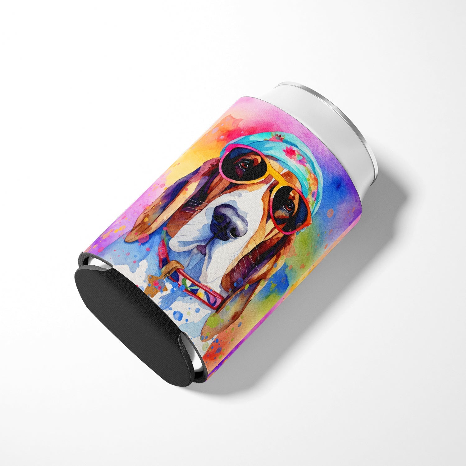 Basset Hound Hippie Dawg Can or Bottle Hugger Cooler Sleeve for Standard 12 oz Cans, Insulated Foam Beer & Soda Can Hugger Reusable