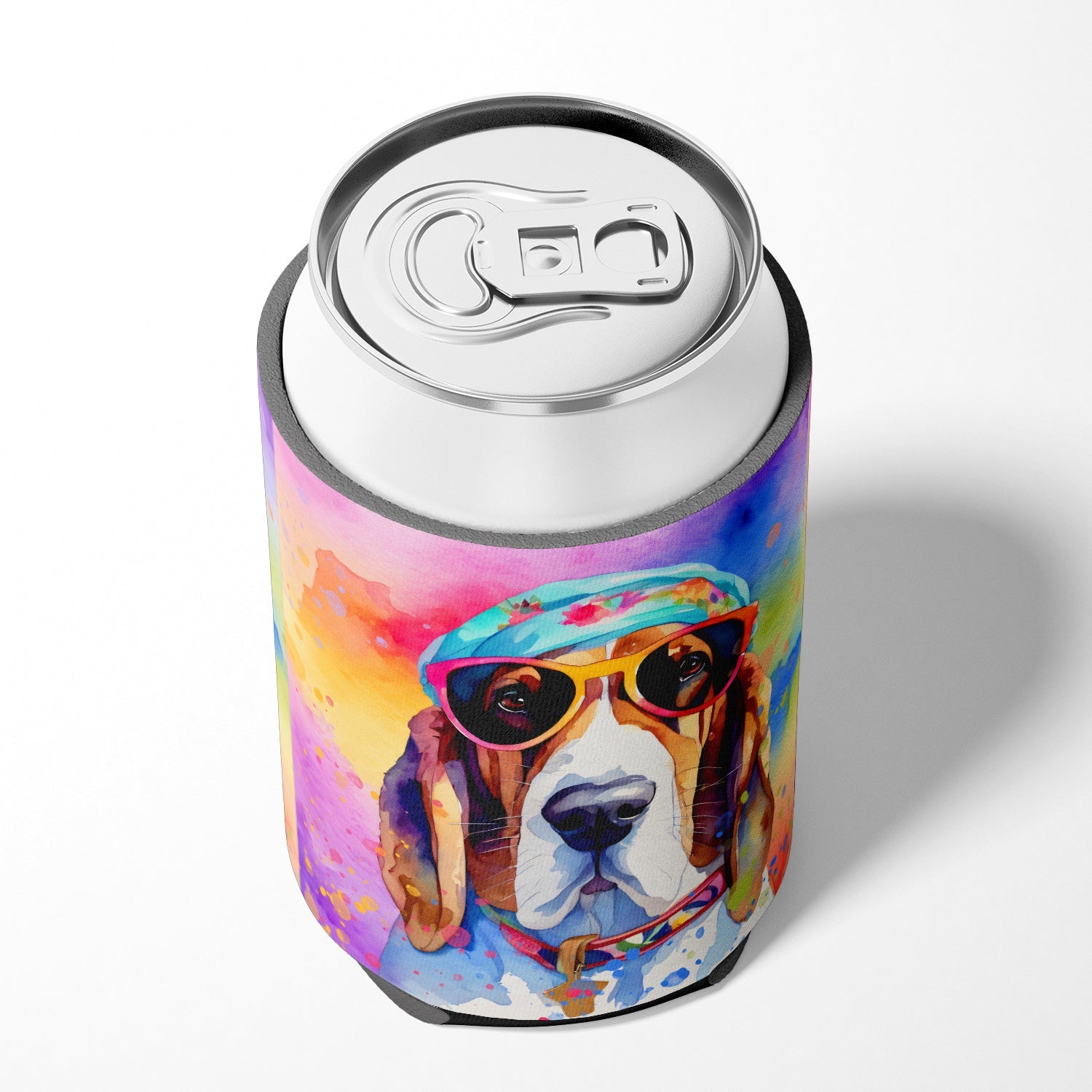 Basset Hound Hippie Dawg Can or Bottle Hugger Cooler Sleeve for Standard 12 oz Cans, Insulated Foam Beer & Soda Can Hugger Reusable