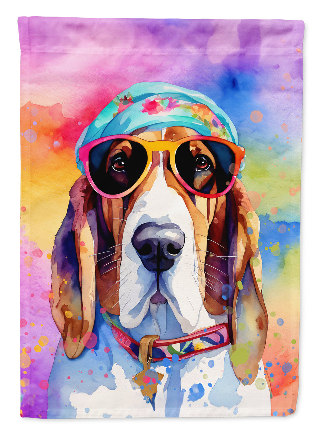 Basset Hound Hippie Dawg House Flag 28x40 Porch Sleeve Pole Decorative Outside Yard Banner Artwork Wall Hanging, Polyester