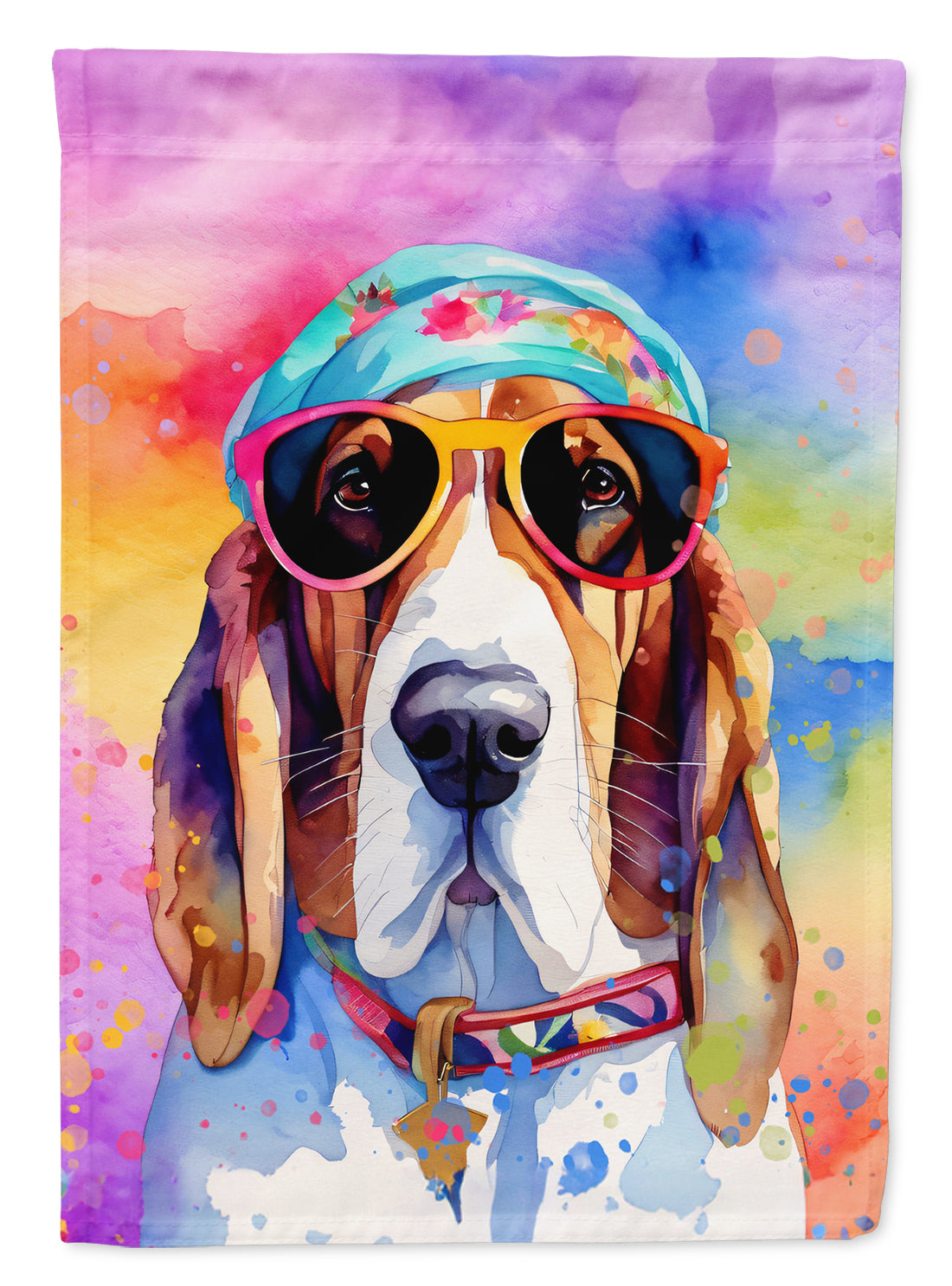 Basset Hound Hippie Dawg House Flag 28x40 Porch Sleeve Pole Decorative Outside Yard Banner Artwork Wall Hanging, Polyester