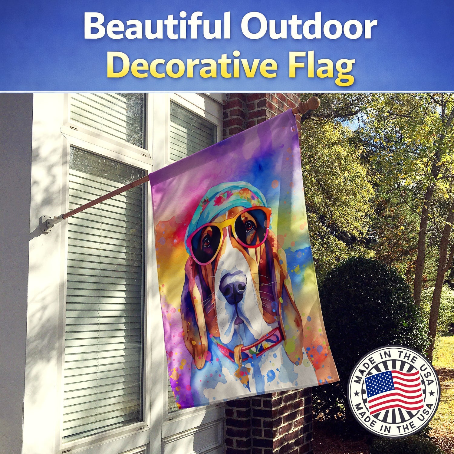 Basset Hound Hippie Dawg House Flag 28x40 Porch Sleeve Pole Decorative Outside Yard Banner Artwork Wall Hanging, Polyester