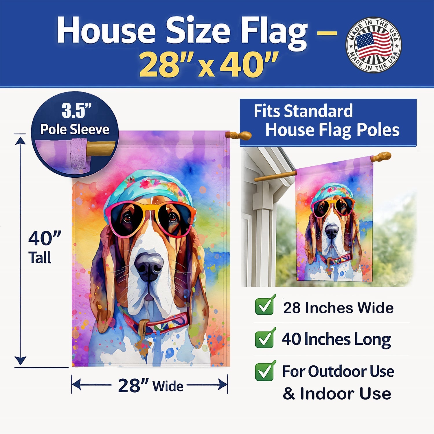 Basset Hound Hippie Dawg House Flag 28x40 Porch Sleeve Pole Decorative Outside Yard Banner Artwork Wall Hanging, Polyester