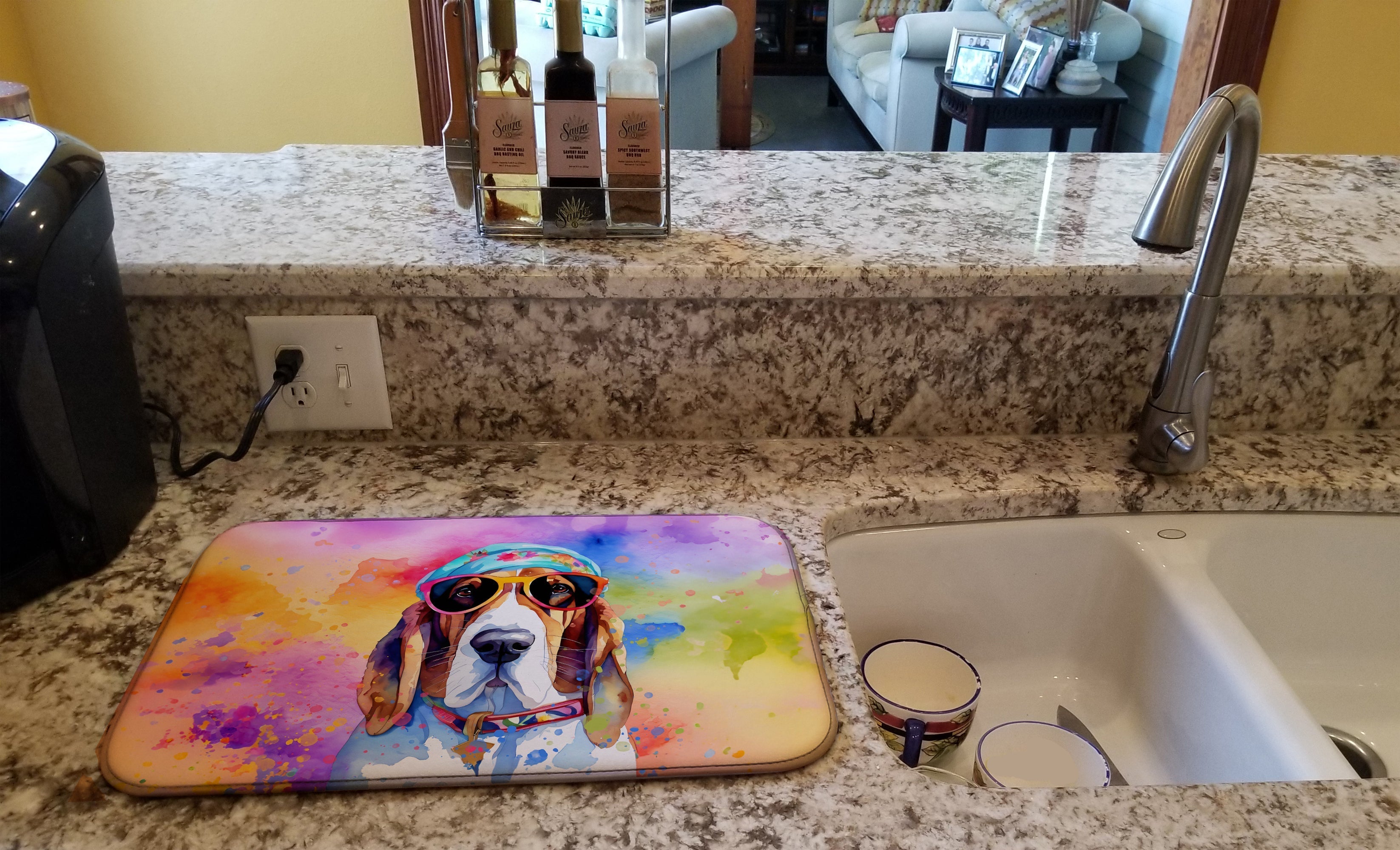 Basset Hound Hippie Dawg Dish Drying Mat Absorbent Dish Drying Mat Pad for Kitchen Counter Dish Drainer Mat for Countertop, 14 x 21", Multicolor