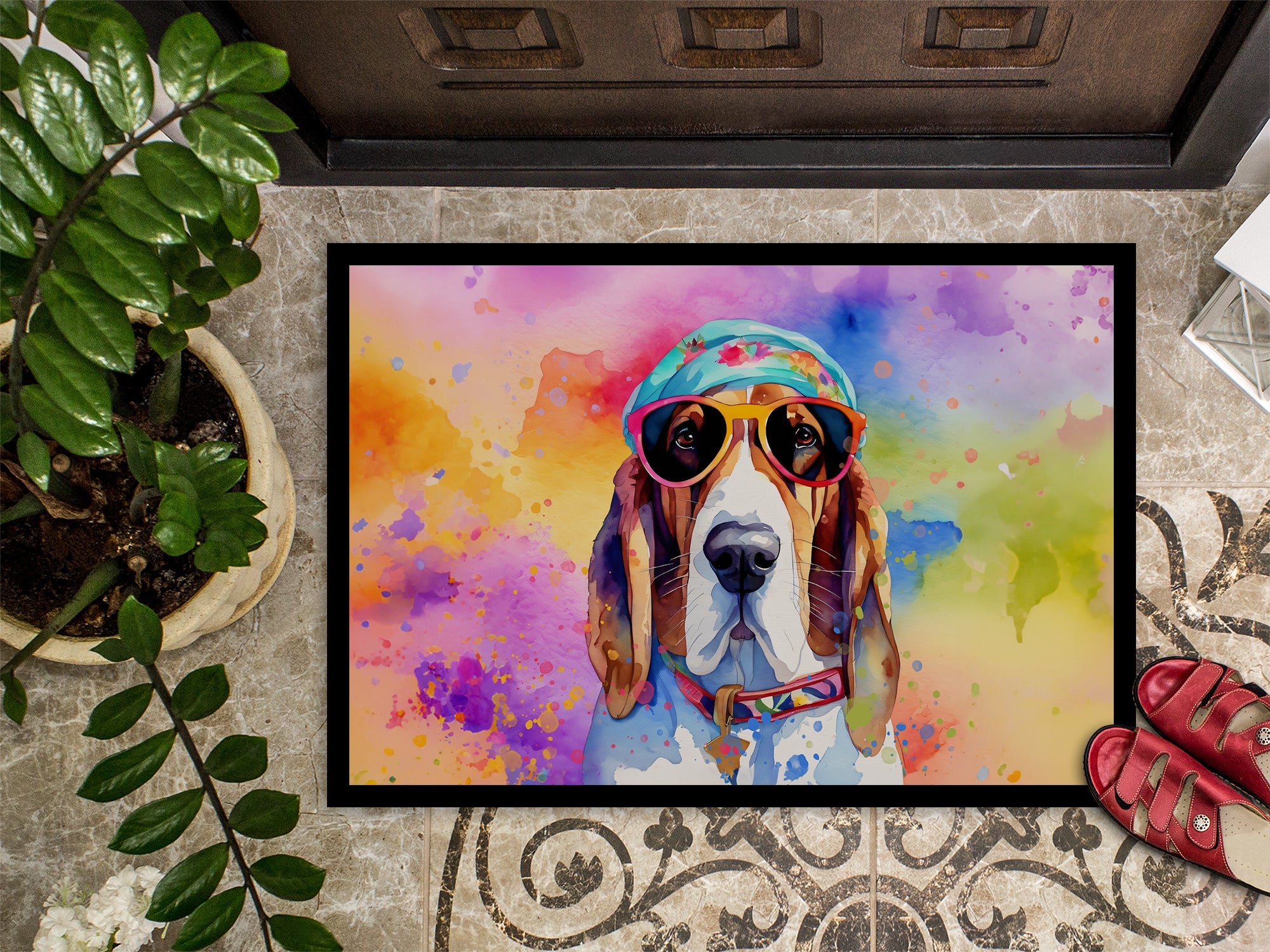 Basset Hound Hippie Dawg Doormat Indoor Outdoor 24H X 36W Front Door Mat Rugs for Entryway, Non Slip Washable Low Pile,
