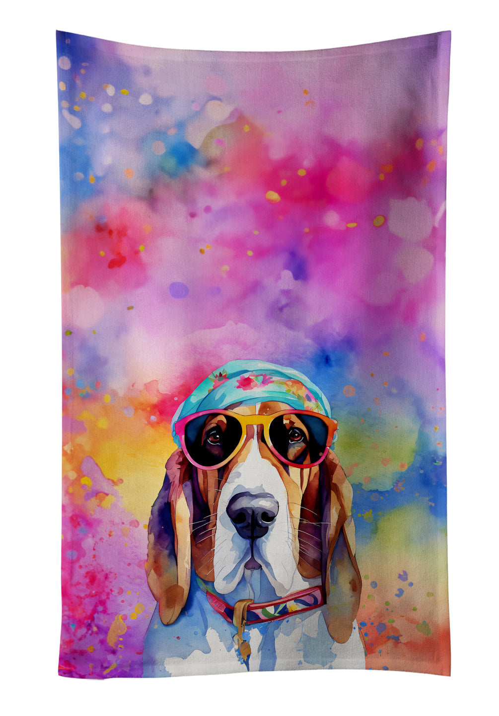 Basset Hound Hippie Dawg Kitchen Towel Velour Plush Front and Cotton Loop Back Machine Washable