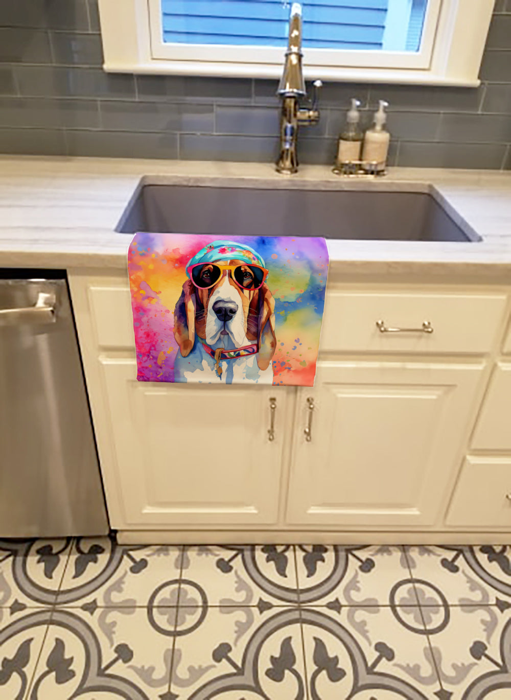 Basset Hound Hippie Dawg Kitchen Towel Velour Plush Front and Cotton Loop Back Machine Washable
