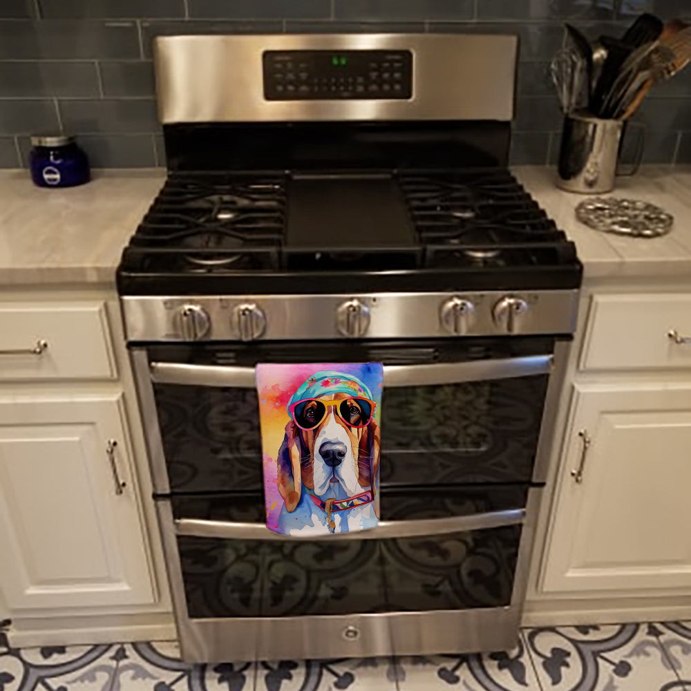 Basset Hound Hippie Dawg Kitchen Towel Velour Plush Front and Cotton Loop Back Machine Washable