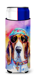 Basset Hound Hippie Dawg Slim Can Hugger , Insulated Foam Hugger for 12 oz Slim Cans, Beer Bottles & Water Bottles, Printed in USA