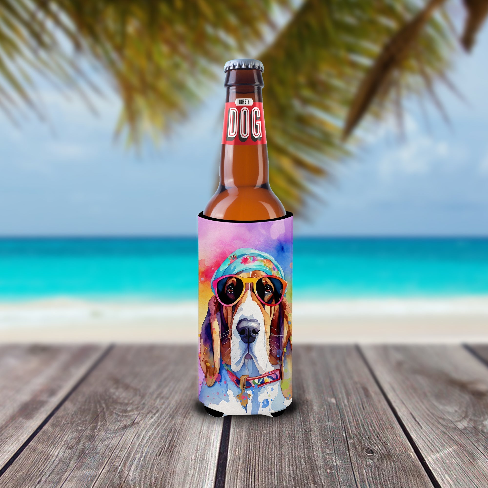 Basset Hound Hippie Dawg Slim Can Hugger , Insulated Foam Hugger for 12 oz Slim Cans, Beer Bottles & Water Bottles, Printed in USA