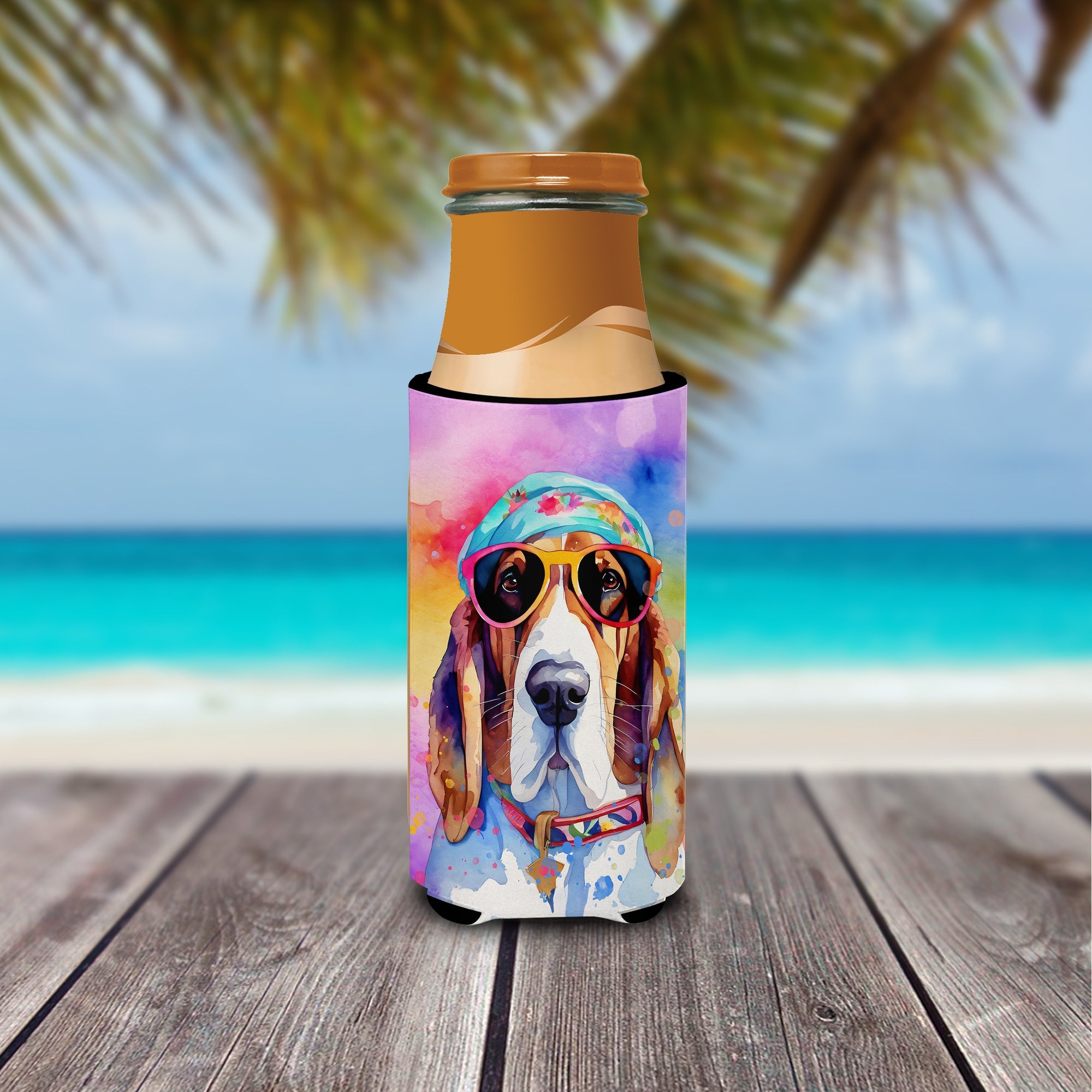 Basset Hound Hippie Dawg Slim Can Hugger , Insulated Foam Hugger for 12 oz Slim Cans, Beer Bottles & Water Bottles, Printed in USA