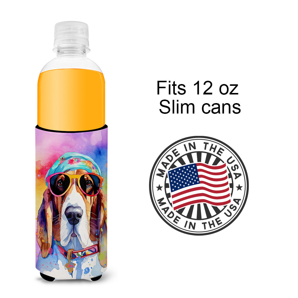 Basset Hound Hippie Dawg Slim Can Hugger , Insulated Foam Hugger for 12 oz Slim Cans, Beer Bottles & Water Bottles, Printed in USA