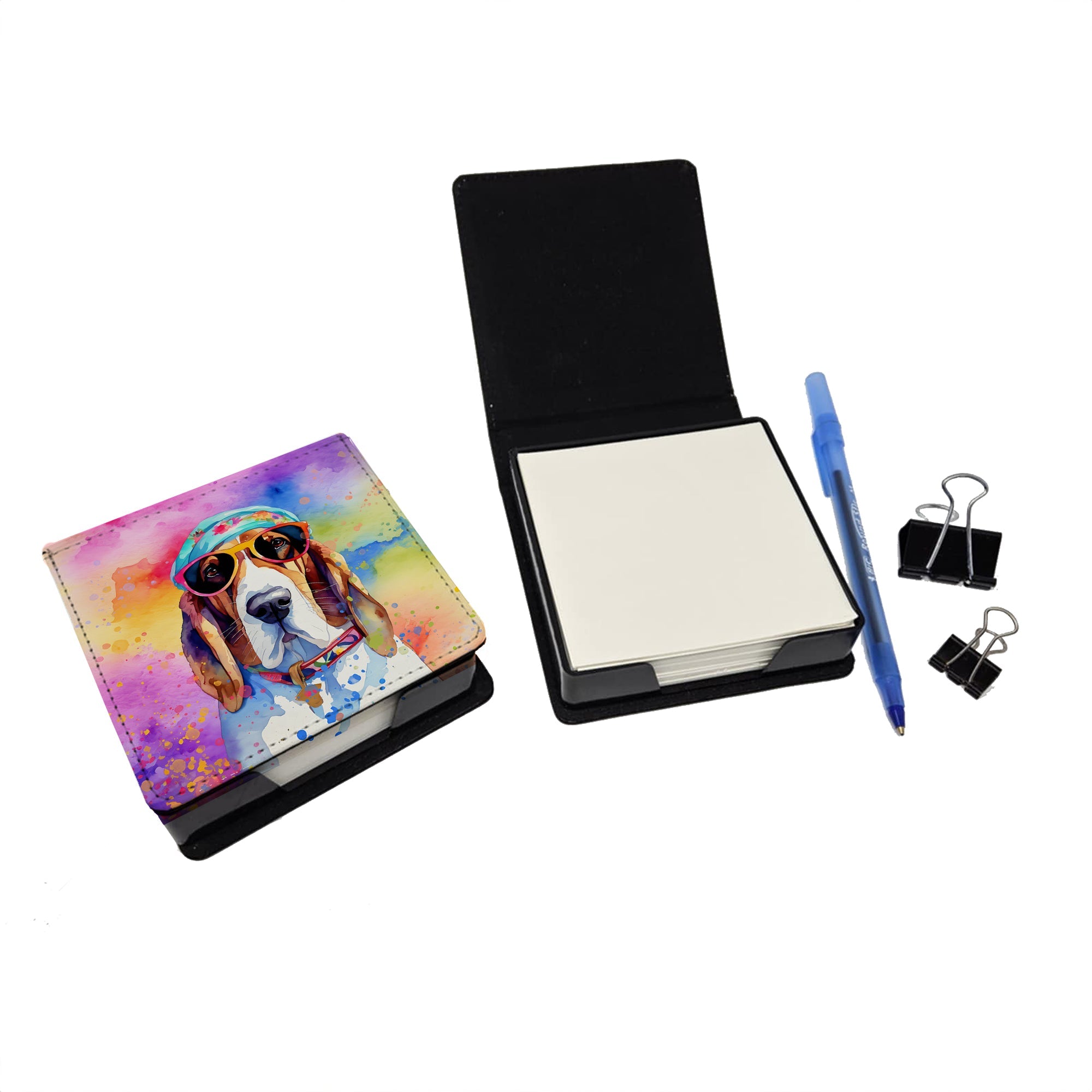 Basset Hound Hippie Dawg PU Leather Note Paper Holder with Artist-Designed Cover, Desk Accessory, Office Gift