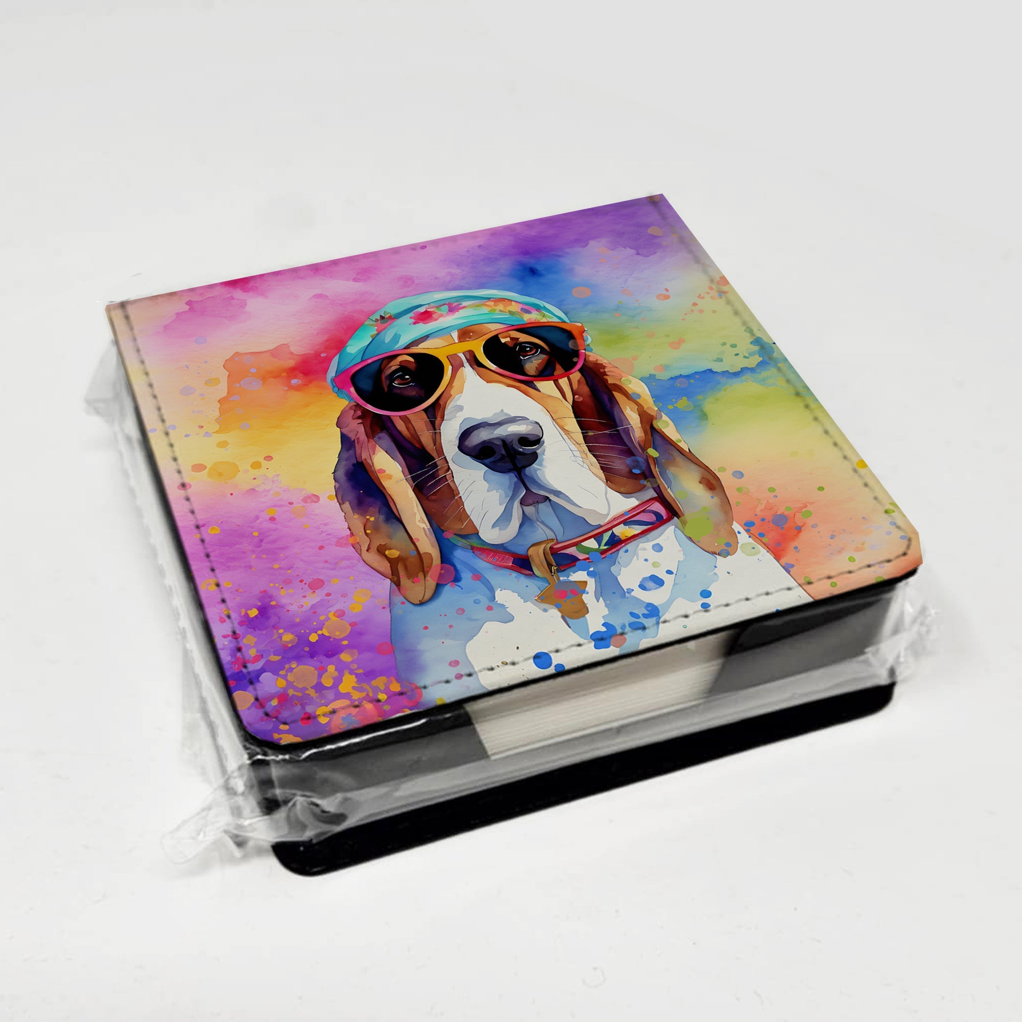 Basset Hound Hippie Dawg PU Leather Note Paper Holder with Artist-Designed Cover, Desk Accessory, Office Gift