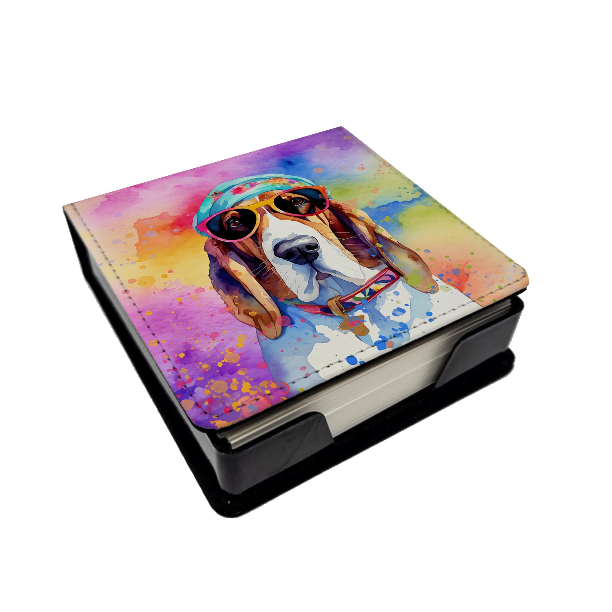 Basset Hound Hippie Dawg PU Leather Note Paper Holder with Artist-Designed Cover, Desk Accessory, Office Gift