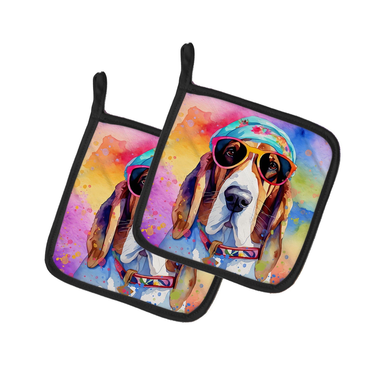 Basset Hound Hippie Dawg Pot Holder Set of 2 Heat Resistant Quilted Hot Pads 7.5 x 7.5 Inch, Insulated Kitchen Trivets for Cooking & Baking