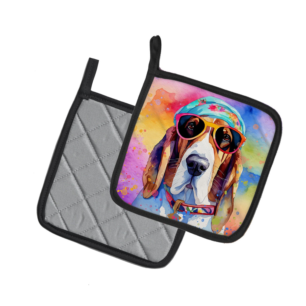 Basset Hound Hippie Dawg Pot Holder Set of 2 Heat Resistant Quilted Hot Pads 7.5 x 7.5 Inch, Insulated Kitchen Trivets for Cooking & Baking