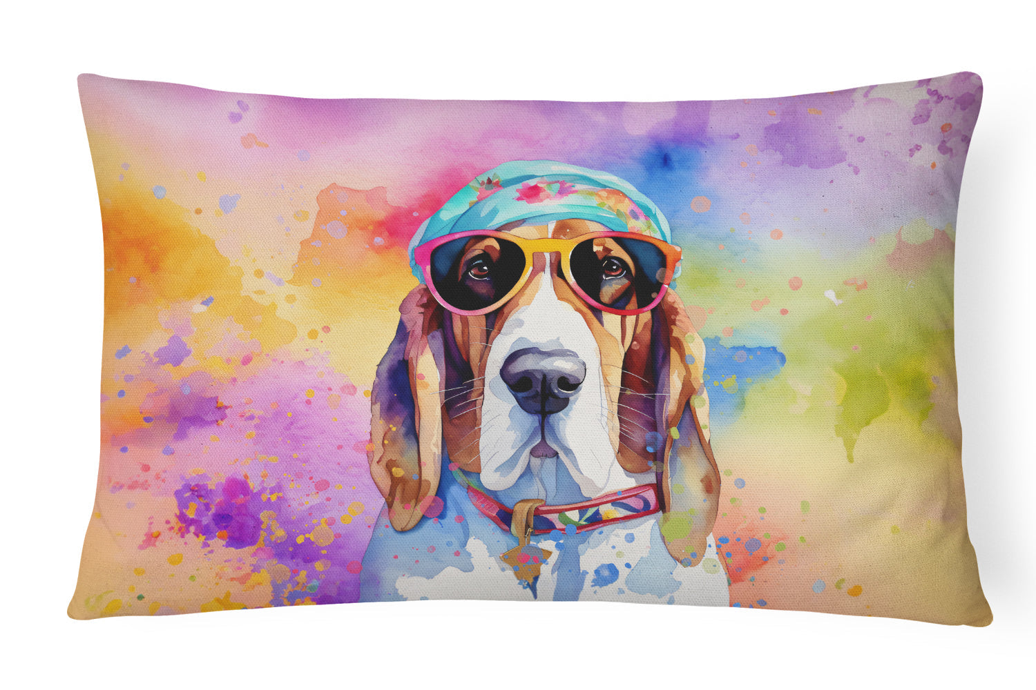 Basset Hound Hippie Dawg Decorative Throw Pillow 12x16 Indoor Outdoor Accent Cushion, Fabric Cover with Insert for Sofa, Bed, Porch & Living Room