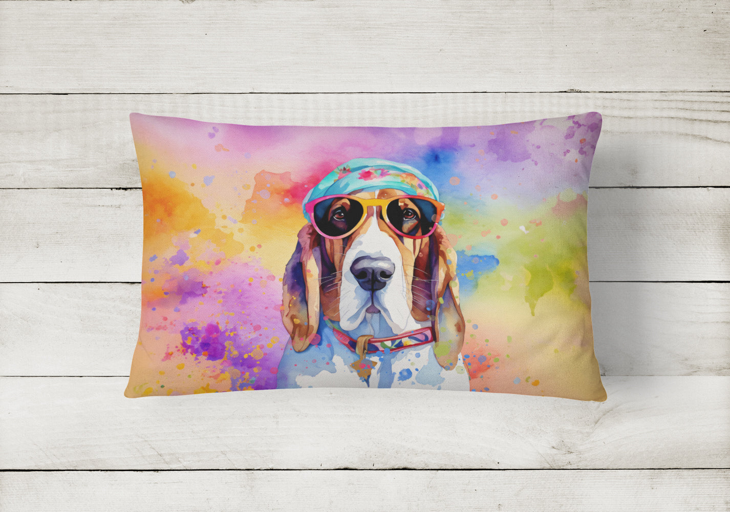 Basset Hound Hippie Dawg Decorative Throw Pillow 12x16 Indoor Outdoor Accent Cushion, Fabric Cover with Insert for Sofa, Bed, Porch & Living Room