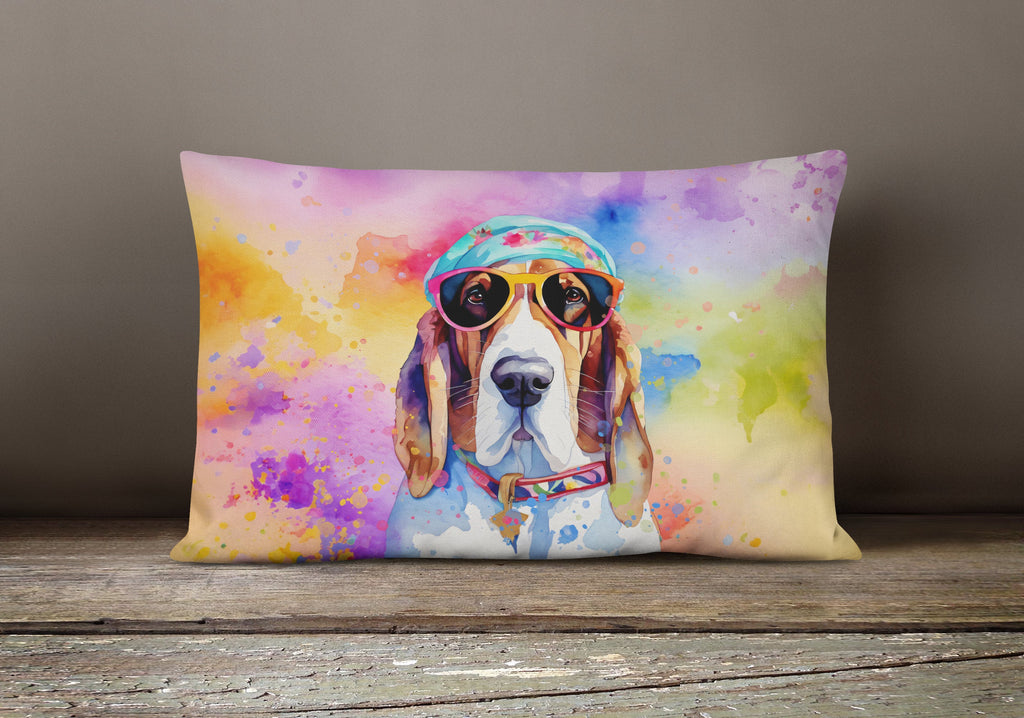 Basset Hound Hippie Dawg Decorative Throw Pillow 12x16 Indoor Outdoor Accent Cushion, Fabric Cover with Insert for Sofa, Bed, Porch & Living Room