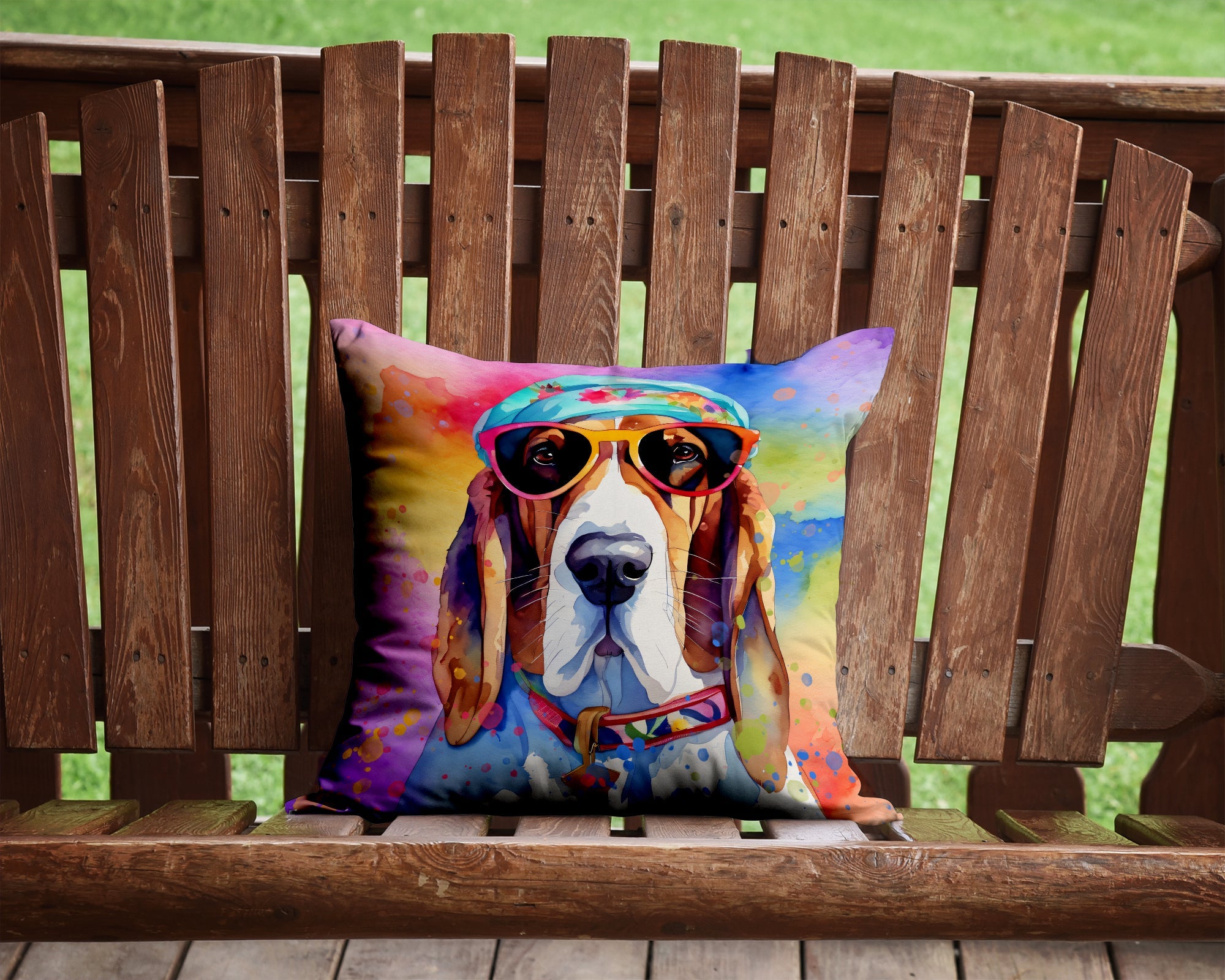 Basset Hound Hippie Dawg Decorative Throw Pillow 14x14 Indoor Outdoor Accent Cushion, Fabric Cover with Insert for Sofa, Bed, Porch & Living Room