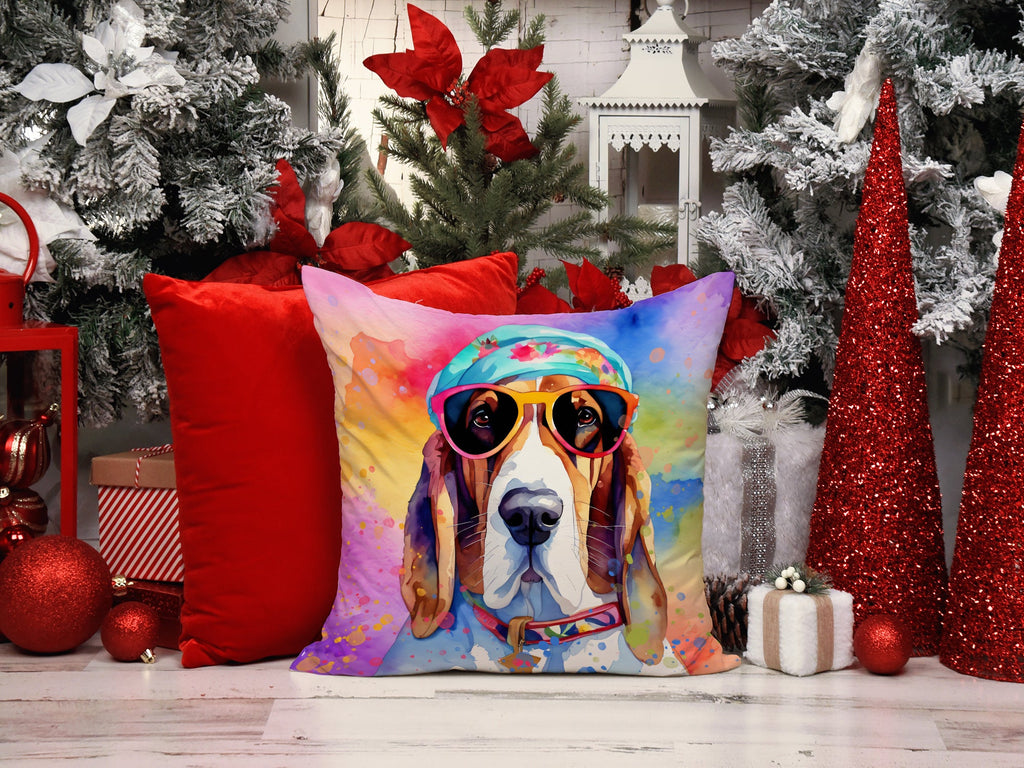 Basset Hound Hippie Dawg Decorative Throw Pillow 18x18 Indoor Outdoor Accent Cushion, Fabric Cover with Insert for Sofa, Bed, Porch & Living Room