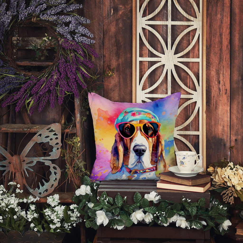 Basset Hound Hippie Dawg Decorative Throw Pillow 18x18 Indoor Outdoor Accent Cushion, Fabric Cover with Insert for Sofa, Bed, Porch & Living Room