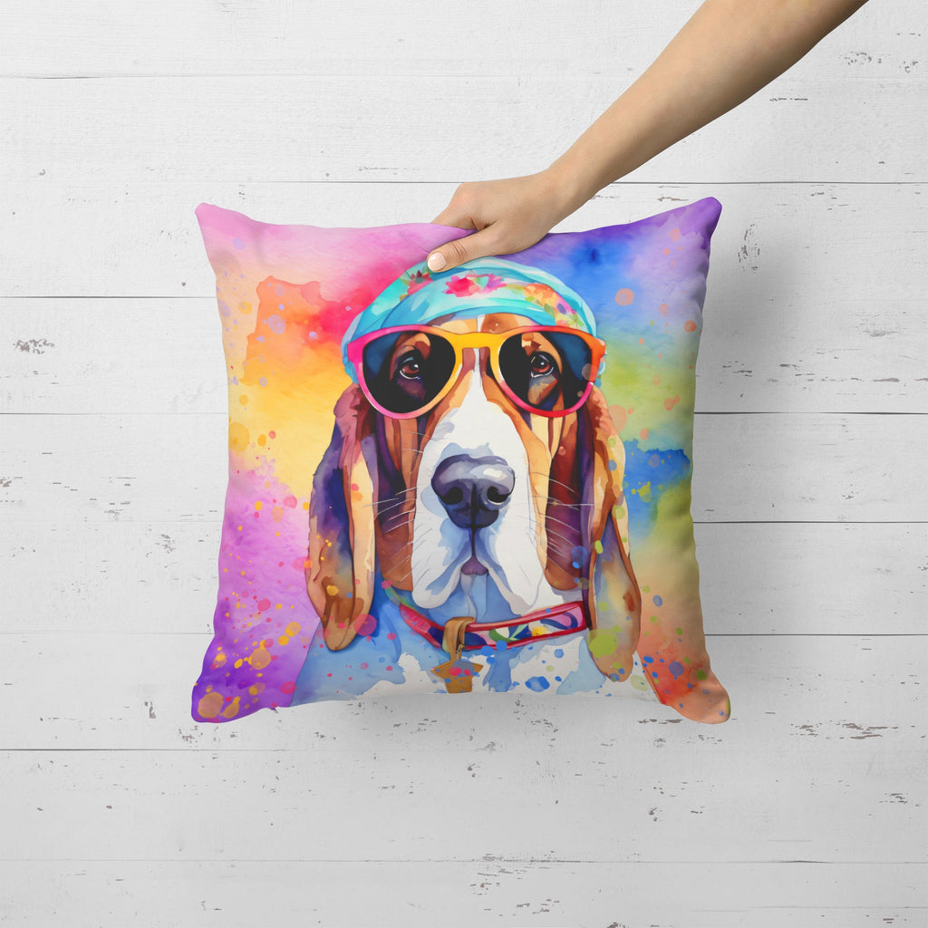 Basset Hound Hippie Dawg Decorative Throw Pillow 18x18 Indoor Outdoor Accent Cushion, Fabric Cover with Insert for Sofa, Bed, Porch & Living Room
