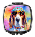 Basset Hound Hippie Dawg Compact Mirror Decorative Travel Makeup Mirror for Women Girls Gifts Pocket Makeup Mirror Folding Handheld