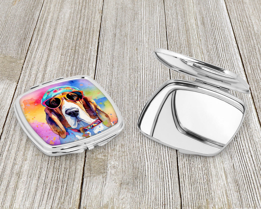 Basset Hound Hippie Dawg Compact Mirror Decorative Travel Makeup Mirror for Women Girls Gifts Pocket Makeup Mirror Folding Handheld
