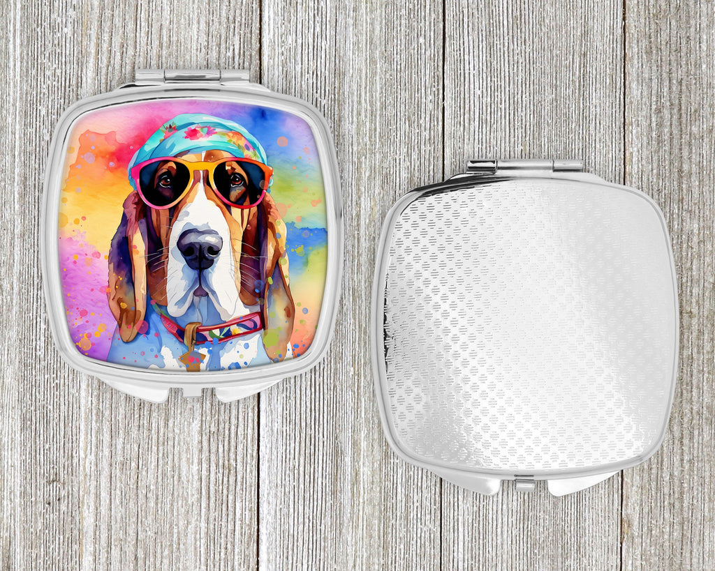 Basset Hound Hippie Dawg Compact Mirror Decorative Travel Makeup Mirror for Women Girls Gifts Pocket Makeup Mirror Folding Handheld