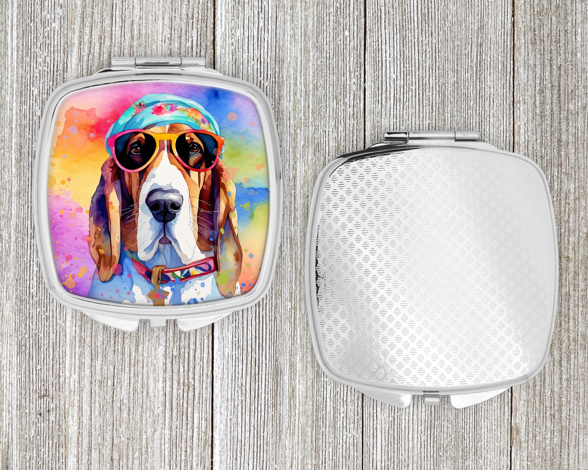 Basset Hound Hippie Dawg Compact Mirror Decorative Travel Makeup Mirror for Women Girls Gifts Pocket Makeup Mirror Folding Handheld