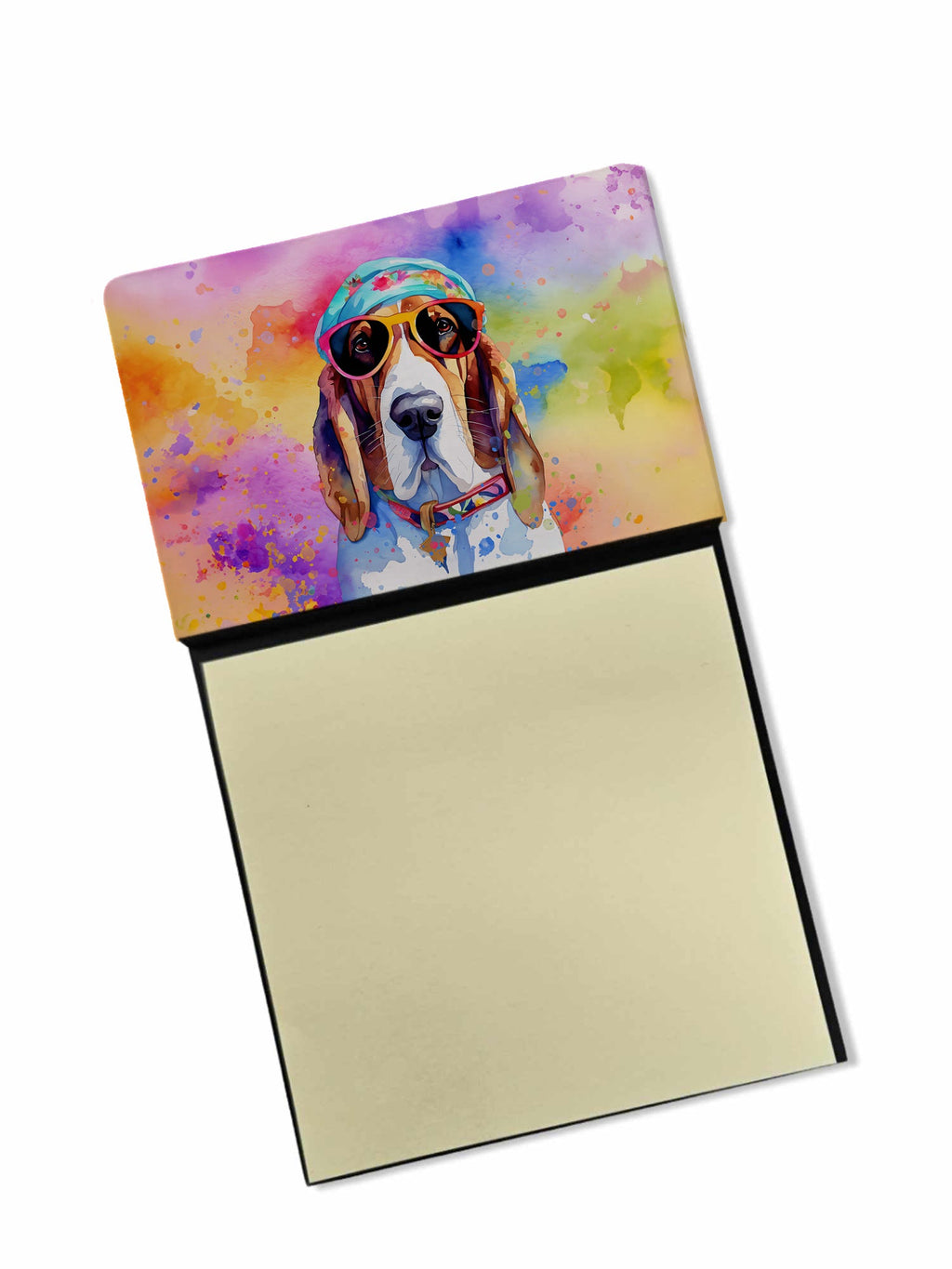 Basset Hound Hippie Dawg Watercolor Sticky Note Holder Refillable Dispenser Desk Accessory 3x3 Pad Gift