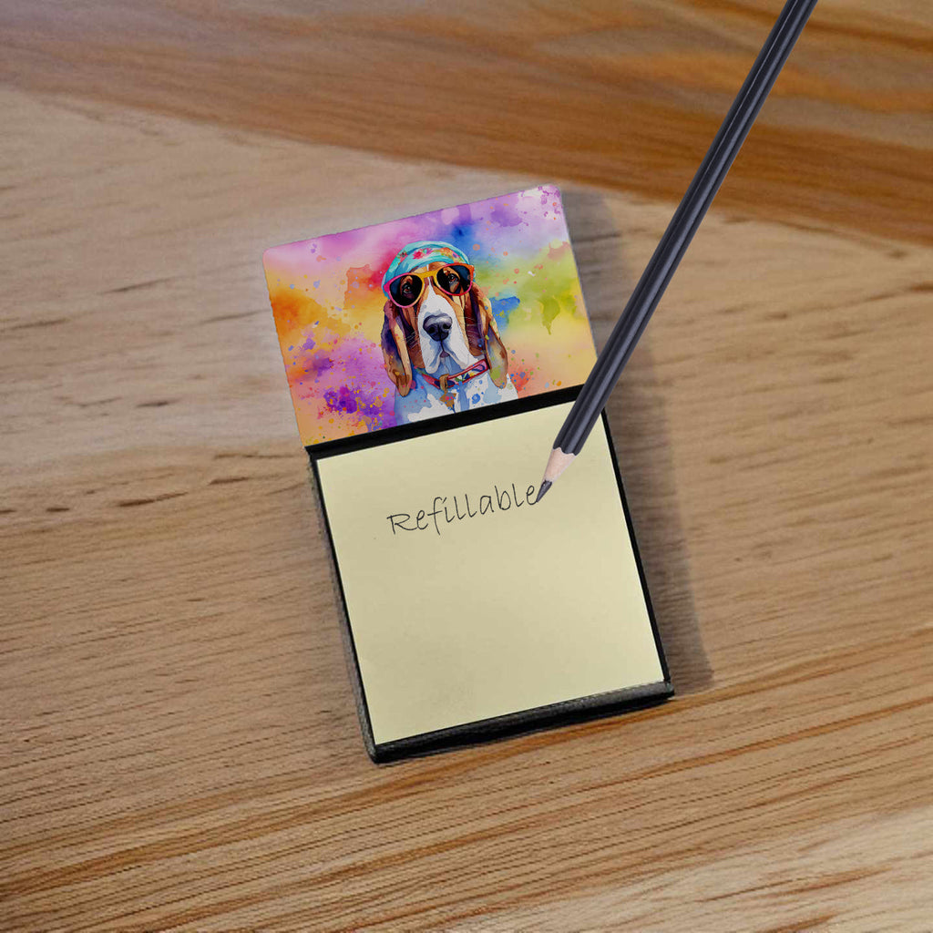 Basset Hound Hippie Dawg Watercolor Sticky Note Holder Refillable Dispenser Desk Accessory 3x3 Pad Gift