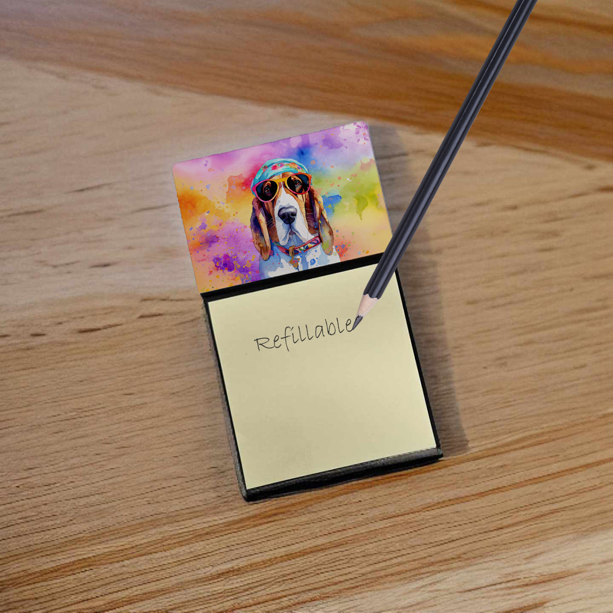 Basset Hound Hippie Dawg Watercolor Sticky Note Holder Refillable Dispenser Desk Accessory 3x3 Pad Gift