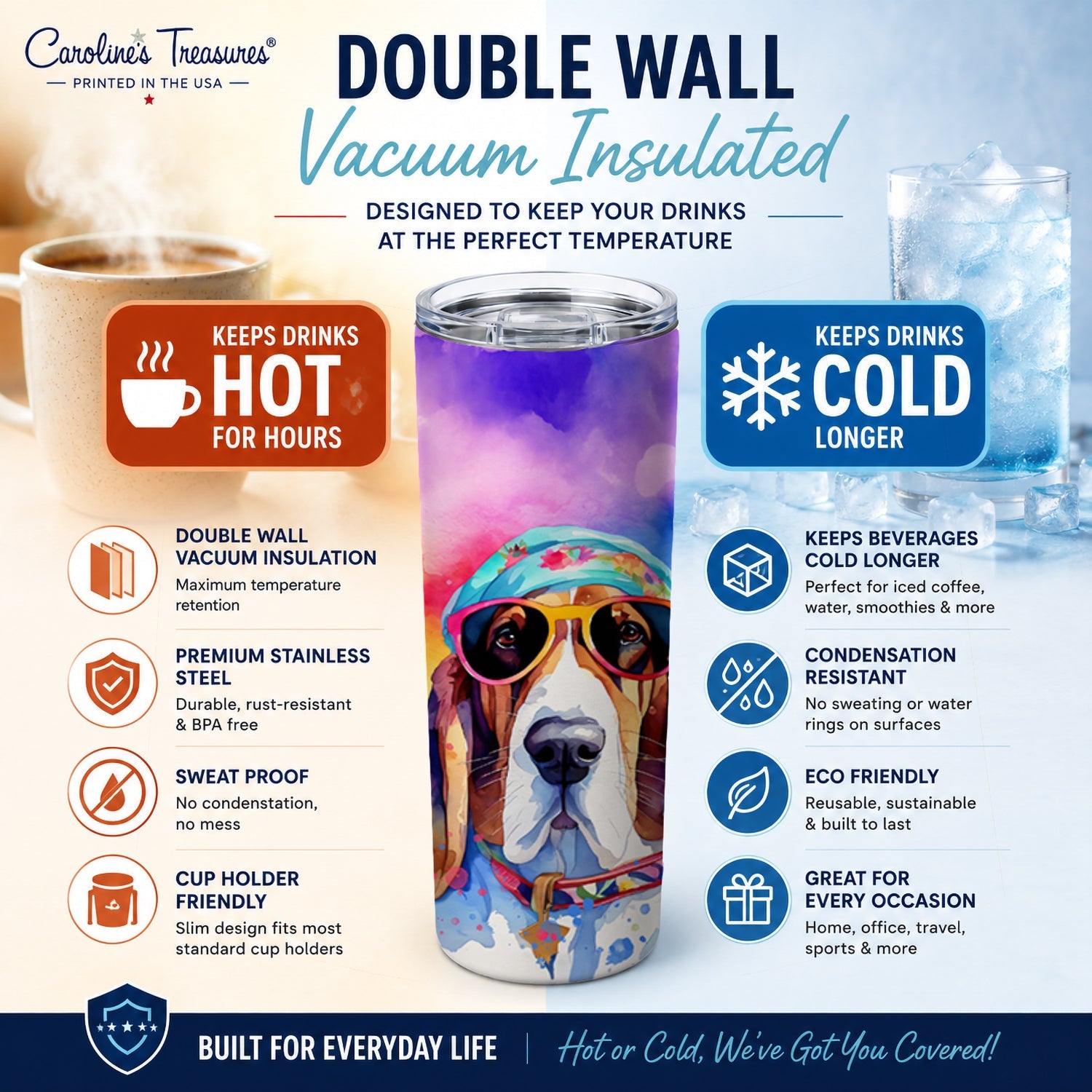 Basset Hound Hippie Dawg Stainless Steel Skinny Tumbler 20 oz Vacuum Double Walled Reusable Insulated Travel Cup