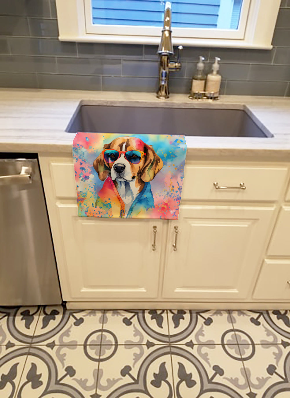Beagle Hippie Dawg Kitchen Towel Velour Plush Front and Cotton Loop Back Machine Washable