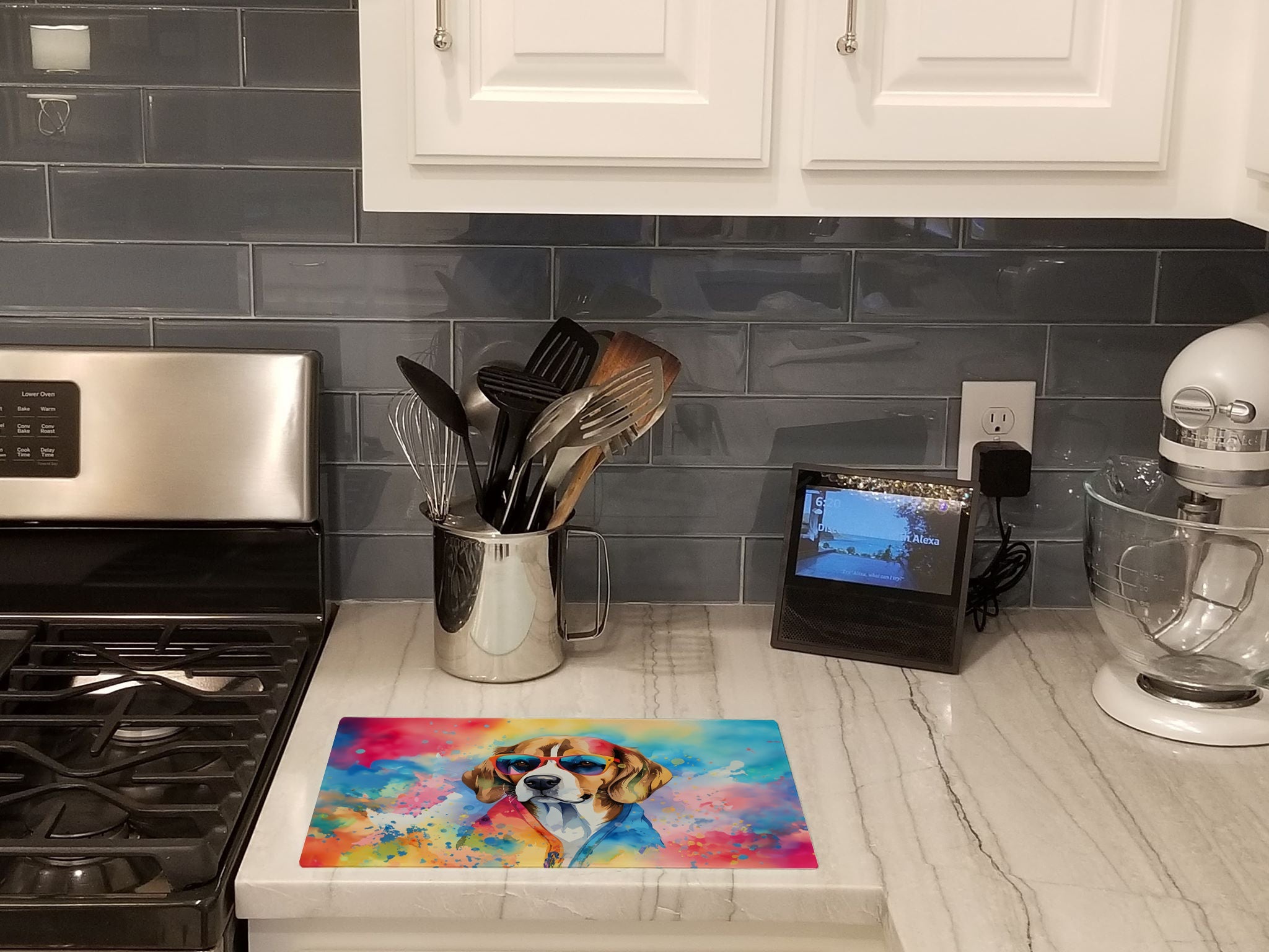 Beagle Hippie Dawg Cutting Board Tempered Glass Kitchen Cutting Surface, Heat Resistant Chopping, Non-Slip Feet, Food Prep & Serving