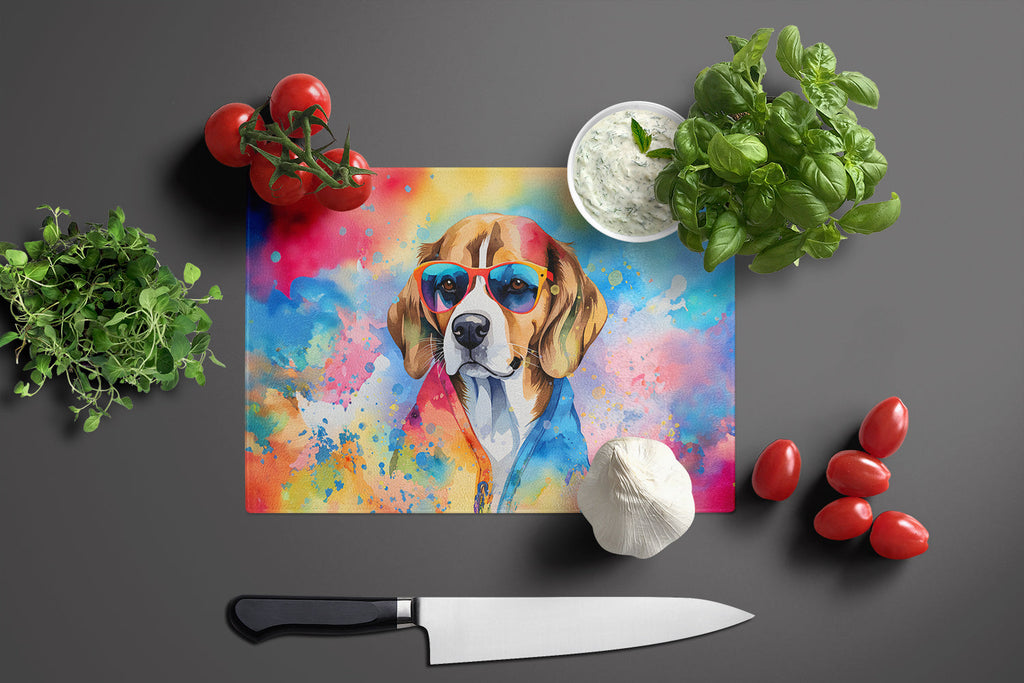 Beagle Hippie Dawg Cutting Board Tempered Glass Kitchen Cutting Surface, Heat Resistant Chopping, Non-Slip Feet, Food Prep & Serving