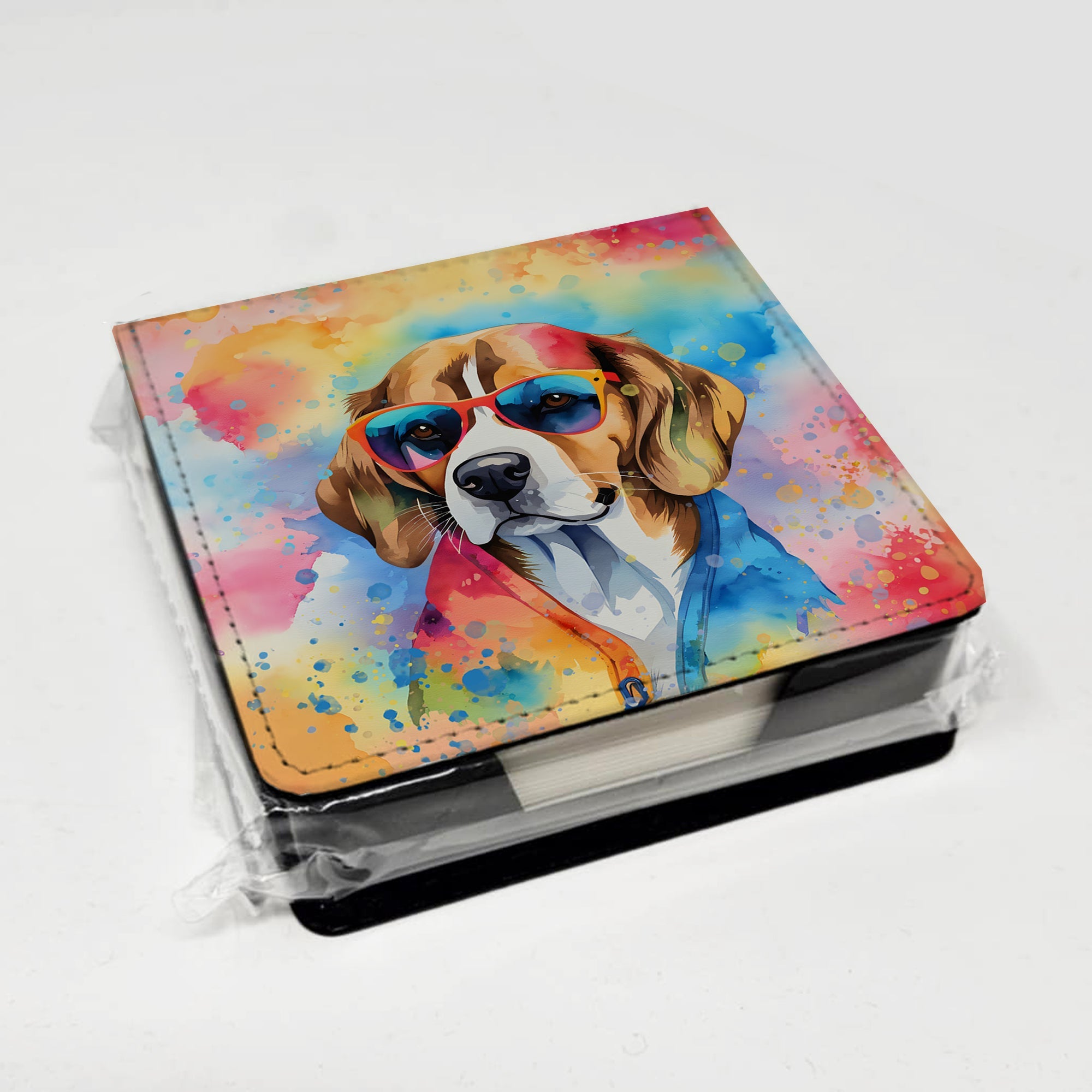 Beagle Hippie Dawg PU Leather Note Paper Holder with Artist-Designed Cover, Desk Accessory, Office Gift