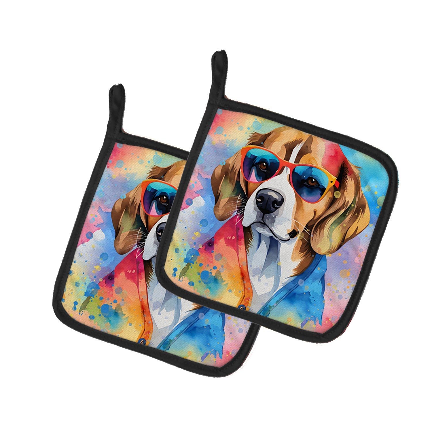 Beagle Hippie Dawg Pot Holder Set of 2 Heat Resistant Quilted Hot Pads 7.5 x 7.5 Inch, Insulated Kitchen Trivets for Cooking & Baking