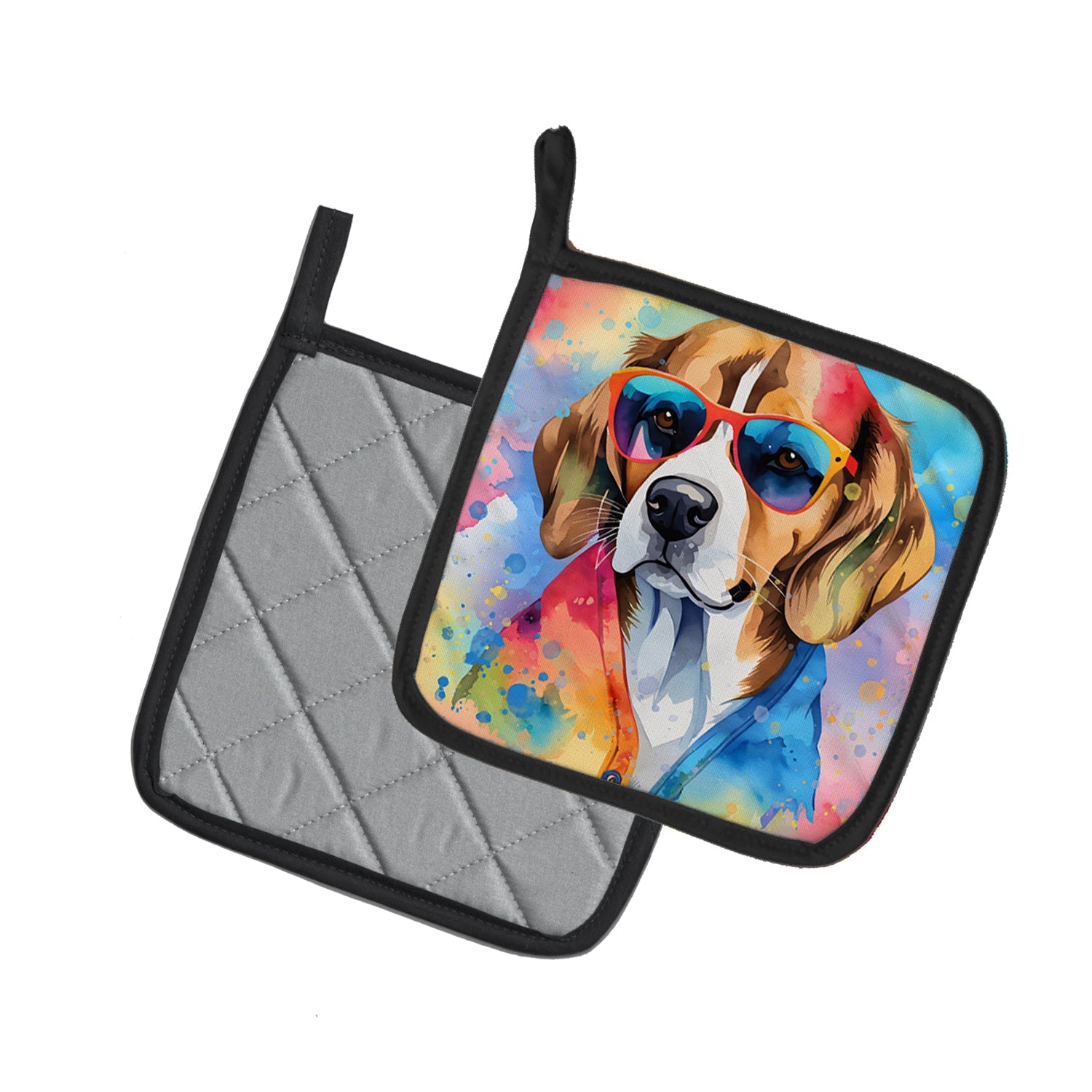 Beagle Hippie Dawg Pot Holder Set of 2 Heat Resistant Quilted Hot Pads 7.5 x 7.5 Inch, Insulated Kitchen Trivets for Cooking & Baking