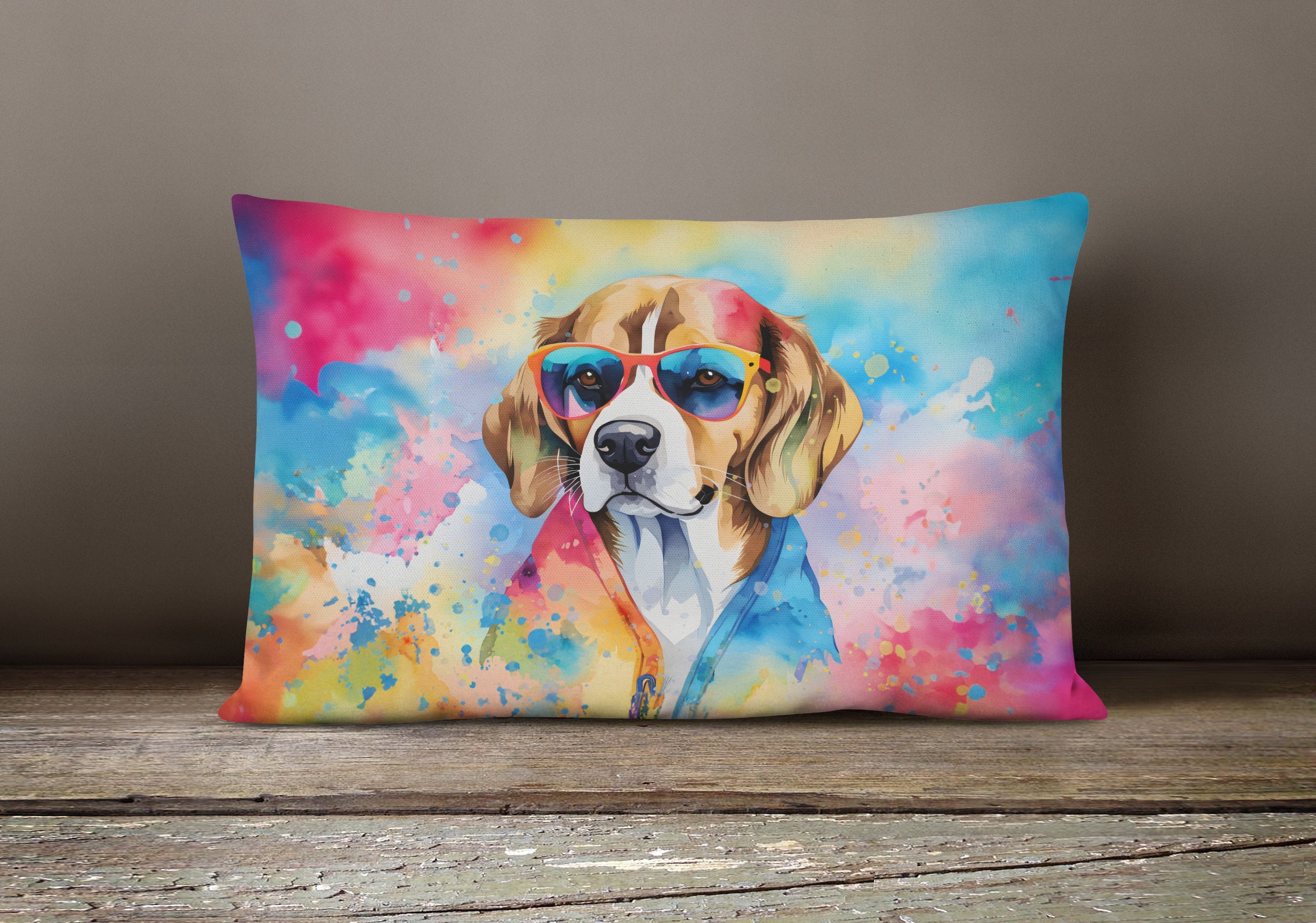 Beagle Hippie Dawg Decorative Throw Pillow 12x16 Indoor Outdoor Accent Cushion, Fabric Cover with Insert for Sofa, Bed, Porch & Living Room